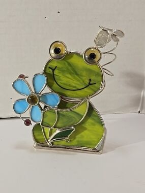 Stained Glass Frog Figurine with Blue Flower - Green